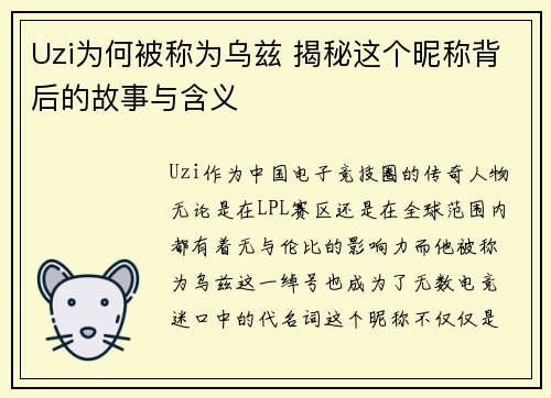 Uzi为何被称为乌兹 揭秘这个昵称背后的故事与含义