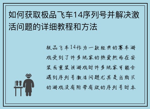 如何获取极品飞车14序列号并解决激活问题的详细教程和方法